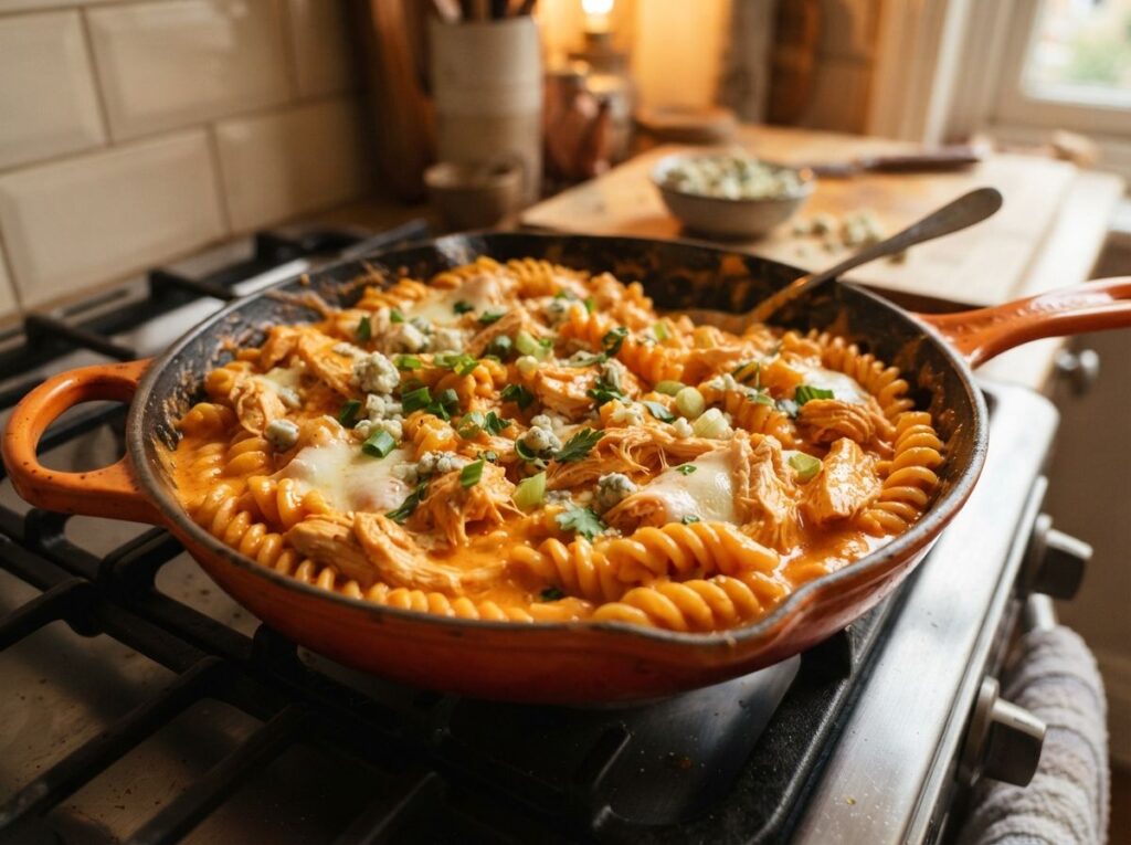 One Pan Buffalo Chicken Pasta That Turns Wing Night Into an Actual Dinner