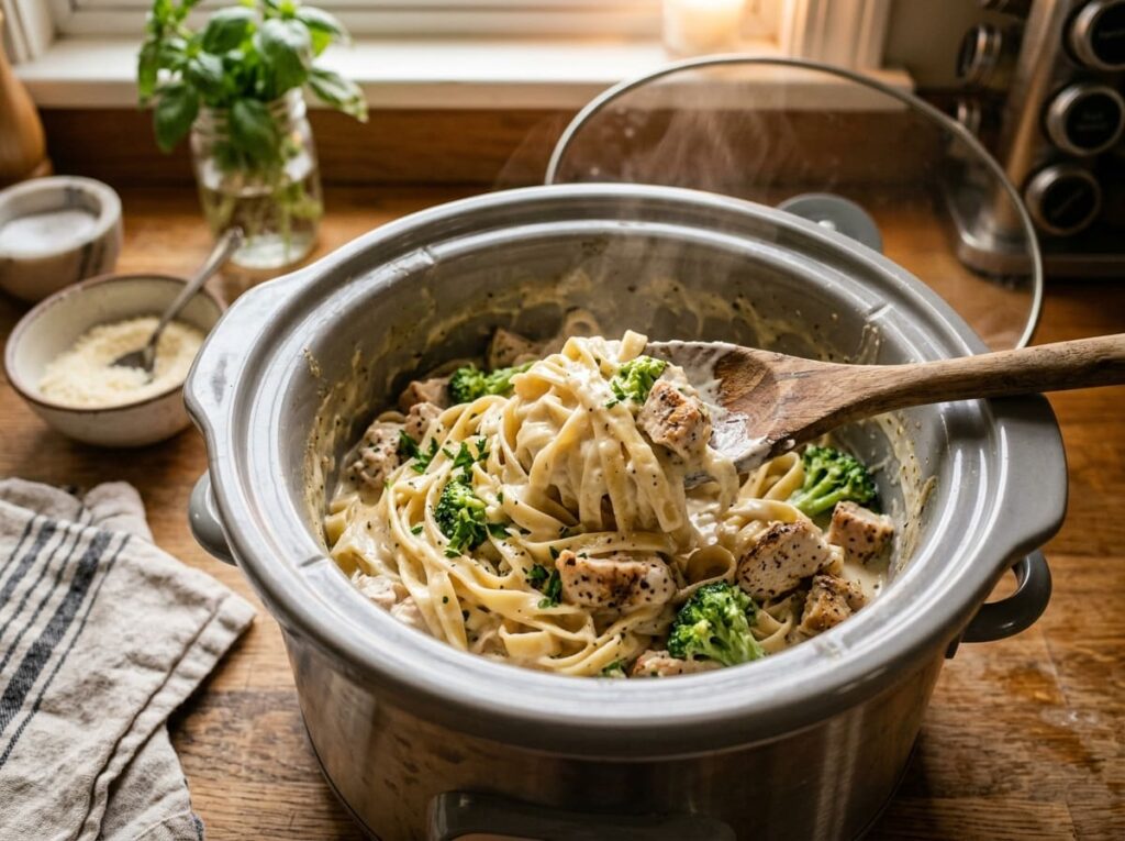 A Crockpot Chicken Alfredo That Stays Creamy Instead of Separating After Hours on Low