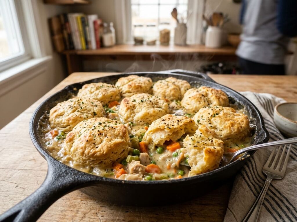 One Pot Chicken Pot Pie Skillet With a Biscuit Top