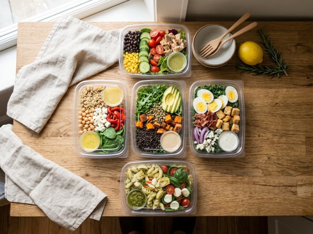 A Five Day Salad Plan That Uses the Same Base Ingredients Differently Each Day