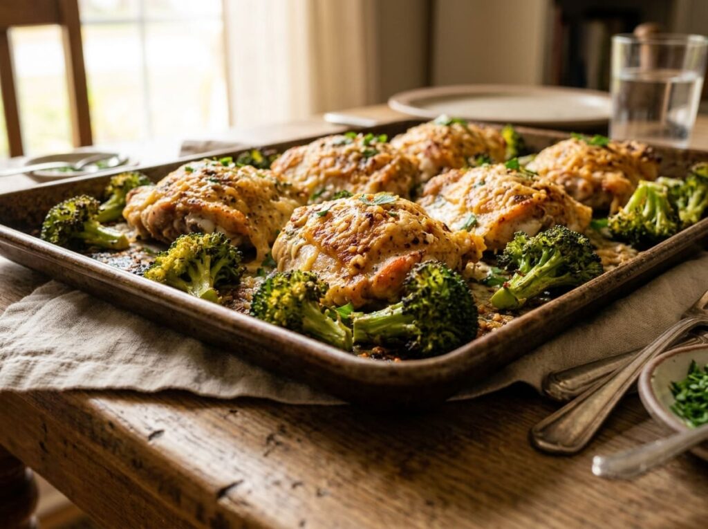 A Garlic Parmesan Sheet Pan Chicken and Broccoli Dinner Kids Actually Ask For