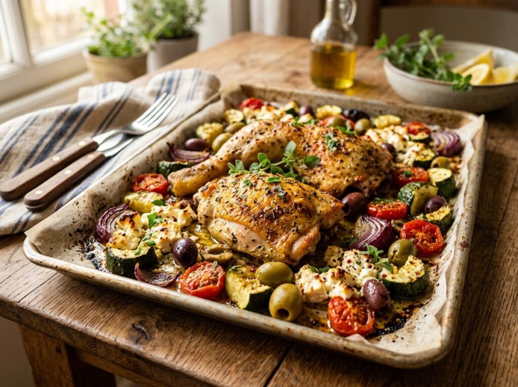 Building a Greek Sheet Pan Chicken Dinner With Olives, Feta, and Zucchini
