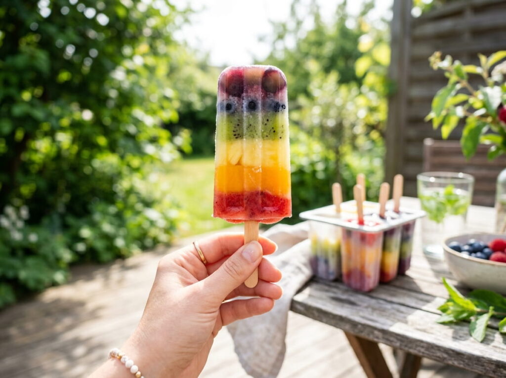 Layered Rainbow Fruit Popsicles
