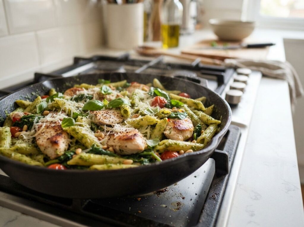 A One Pan Pesto Chicken Pasta That Skips the Food Processor Cleanup Entirely