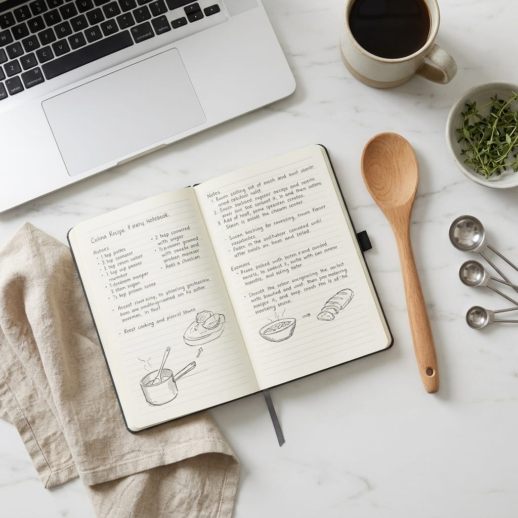 Recipe notebook and kitchen tools flat lay