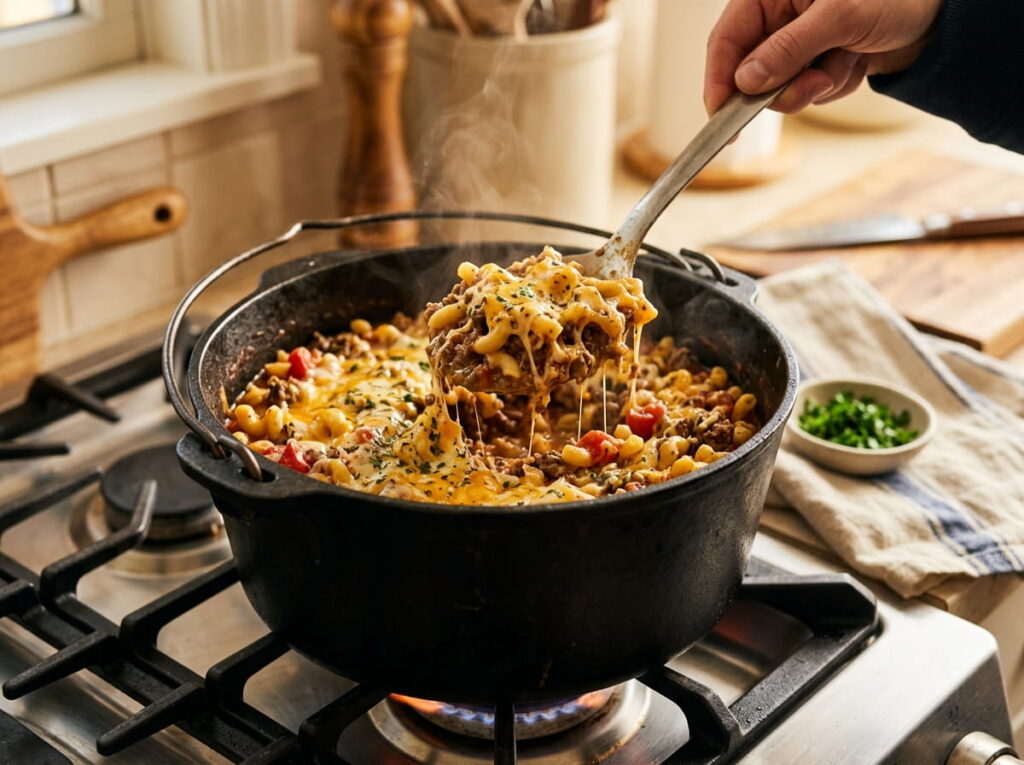 One-Pot Beef and Macaroni Ready in Twenty Minutes