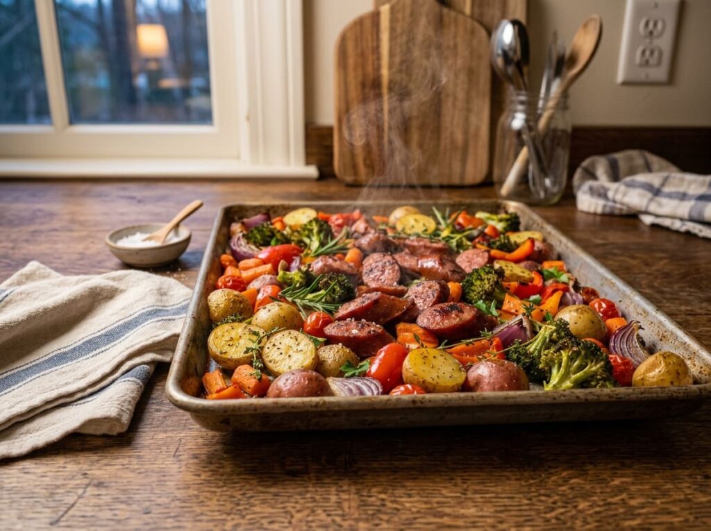 A Sheet Pan Sausage and Vegetable Dinner That Feeds Eight Without a Second Pan