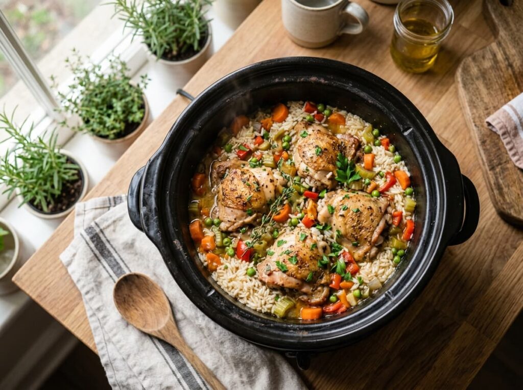 A Slow Cooker Chicken and Rice Dinner You Start Before the School Run