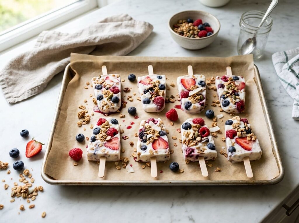 Frozen Yogurt Bark Popsicles With Granola and Berries